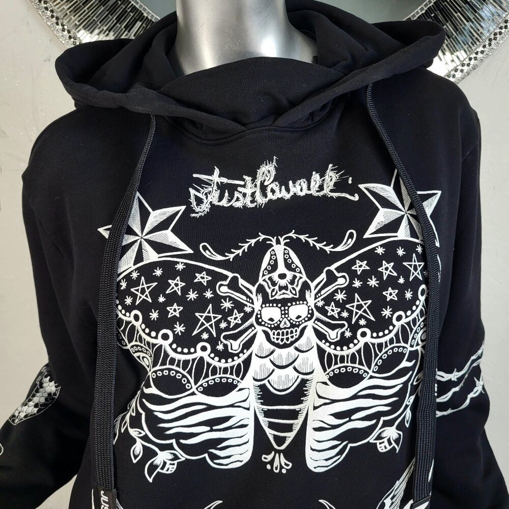 NWT~$275~JUST CAVALLI~SZ M~DESIGNER BLACK WHITE LOGO HOODIE SWEATSHIRT COAT